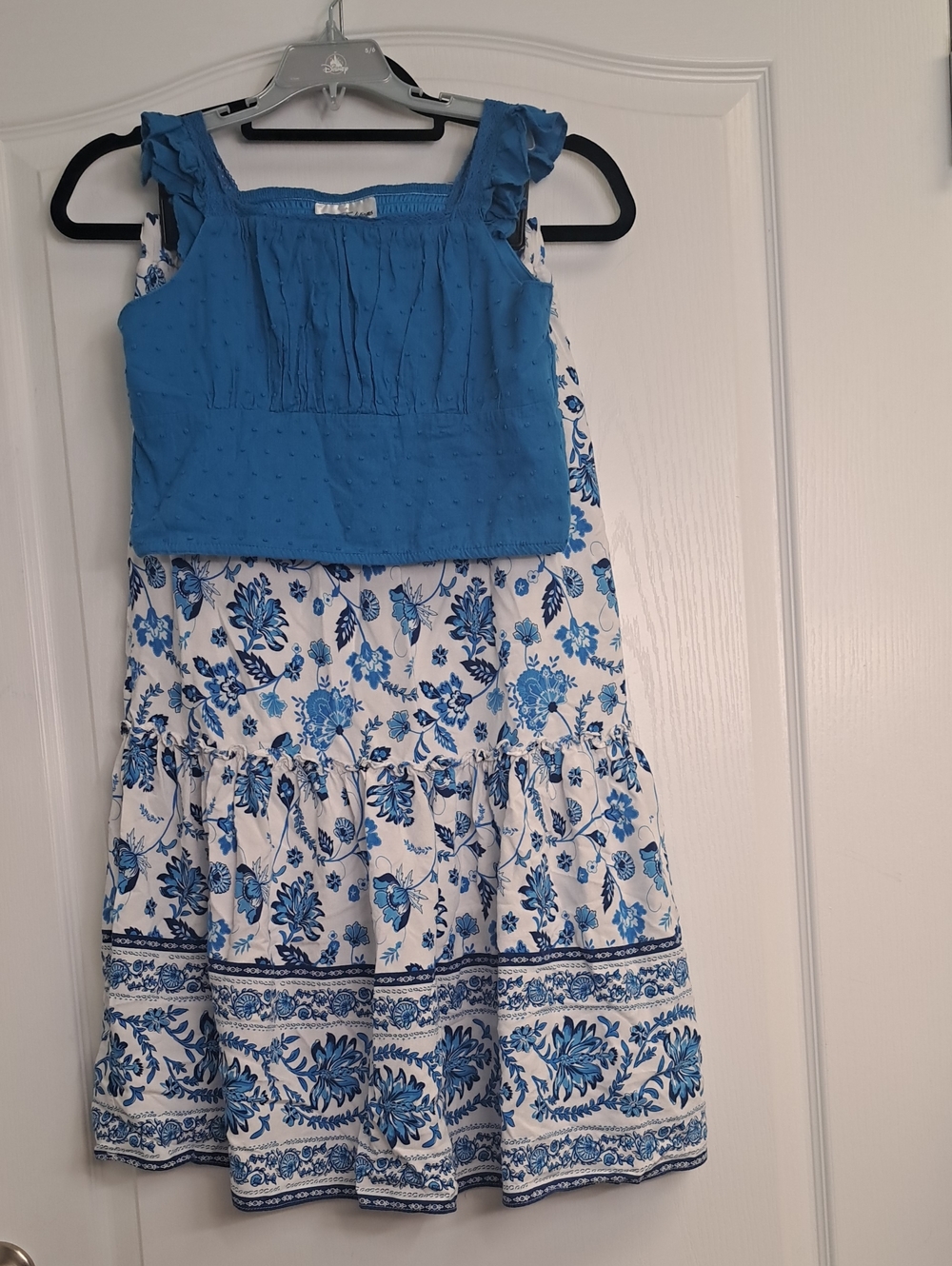 Blue Floral Tiered Girls' Skirt with Ruffled Bodice